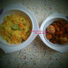 A picture of Lemon veg rice with potato and carrot soup.