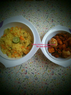 A picture of Lemon veg rice with potato and carrot soup.