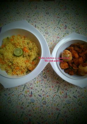 A picture of Lemon veg rice with potato and carrot soup.