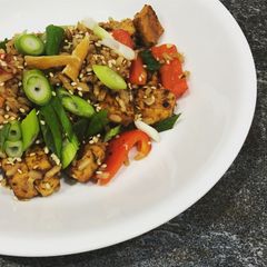 A picture of Smoky-sticky stir-fried  rice and tofu bowl.