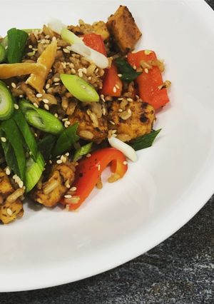 A picture of Smoky-sticky stir-fried rice and tofu bowl.