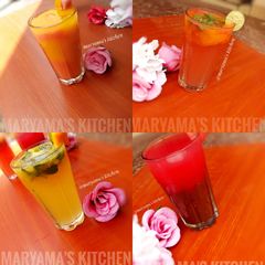 A picture of 4 simple iftar drinks/mojito's.
