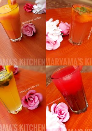 A picture of 4 simple iftar drinks/mojito's.