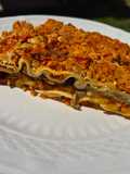 Vegán padlizsános vöröslencsés tofus lasagne (pici gombával)