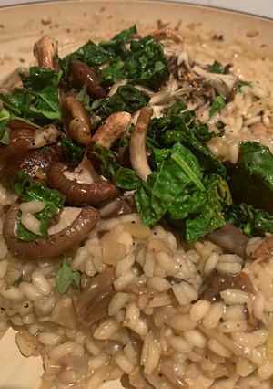 A picture of Creamy mixed mushroom risotto.