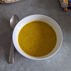 A picture of Squash, broccoli and cheddar soup.