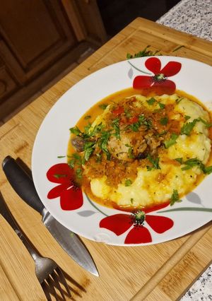O poză a rețetei Mashed potatoes with carrot sauce, onion, red pepper.