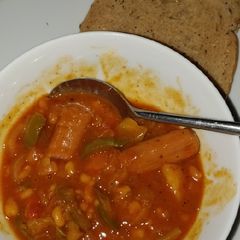 A picture of Bean veg and sausage stew/casserole.