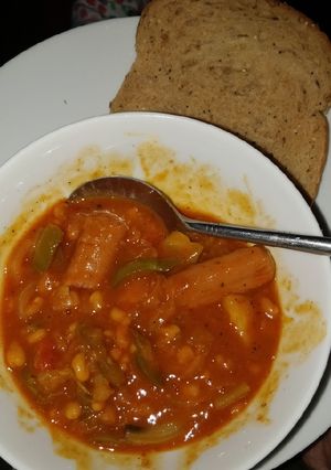 A picture of Bean veg and sausage stew/casserole.