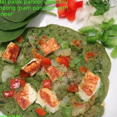 A picture of Green Moong Dal Palak Paneer Uttapam/Savory Moong Pancake With Spinach and Paneer.