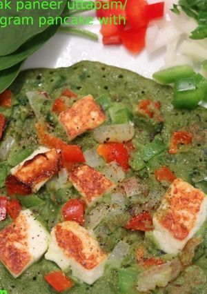 A picture of Green Moong Dal Palak Paneer Uttapam/Savory Moong Pancake With Spinach and Paneer.