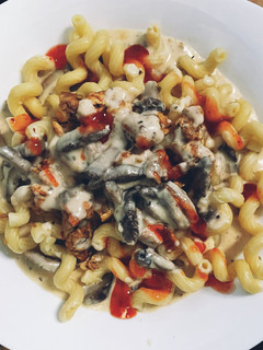 A picture of Chicken pasta with sauce Bechamel.