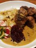Swedish Meatballs in Gravy with Sweet Pickles and Lingonberry