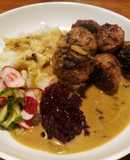 Swedish Meatballs in Gravy with Sweet Pickles and Lingonberry