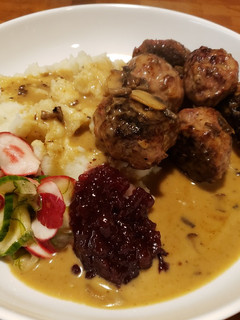 A picture of Swedish Meatballs in Gravy with Sweet Pickles and Lingonberry.