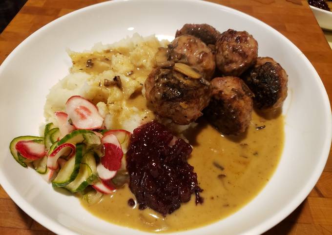Swedish Meatballs in Gravy with Sweet Pickles and Lingonberry