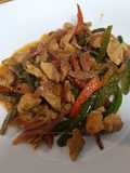 Salteado de verduras y pollo con soja y mostaza