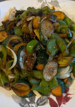 A picture of Stir-Fried Bell Peppers, Squash, and Mushrooms.