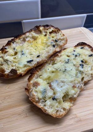 A picture of Easy-Cheesey Black Garlic and Thyme Ciabatta 🥖🧄🌿.