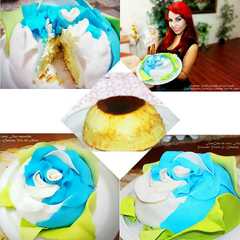 Una foto de PASTEL IMPOSIBLE (flan cake)de coco vestido de Rosa con Fondant