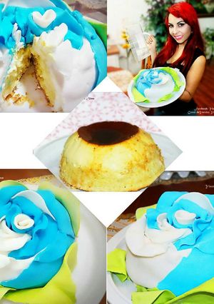 Una foto de PASTEL IMPOSIBLE (flan cake)de coco vestido de Rosa con Fondant