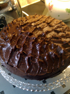 A picture of 'v' chocolate layer cake.