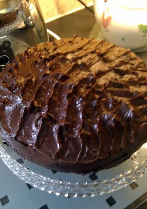 A picture of 'v' chocolate layer cake.