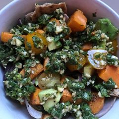 A picture of 30 min veggie bowl w/ cilantro-garlic drizzle.