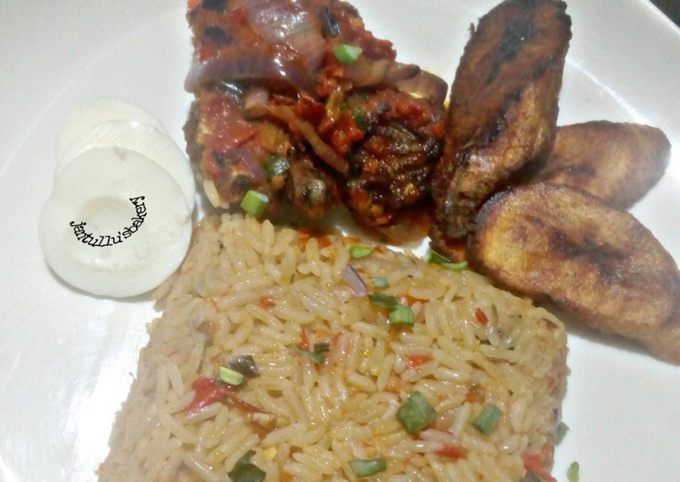 Peppered Ram meat and jallof rice