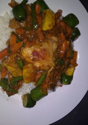 A picture of Vegetable and chicken stew.