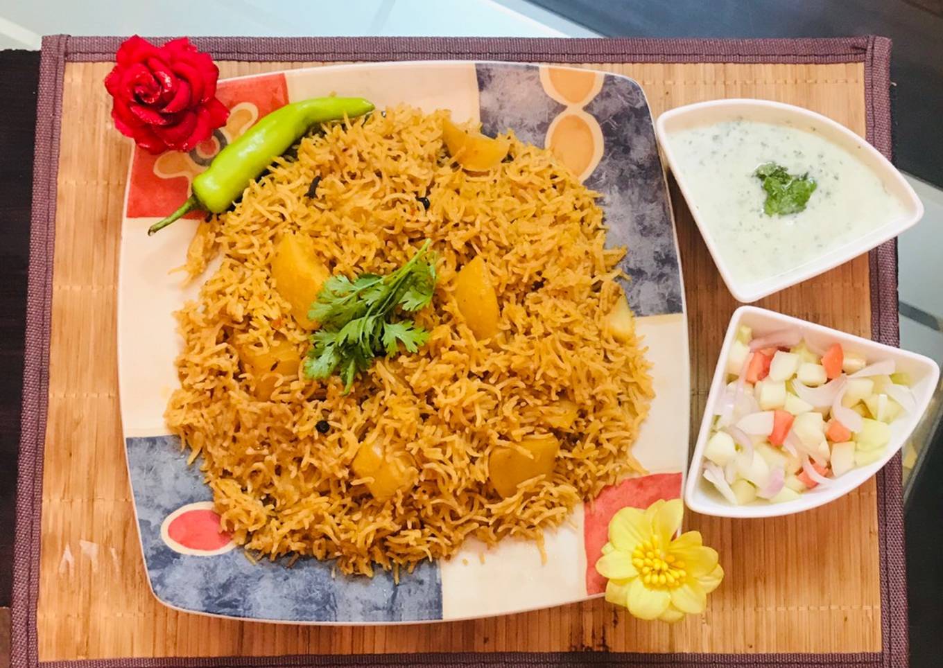 Patato rice with raita and salad