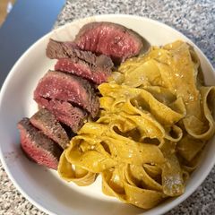 A picture of Cajun Tagliatelle with Pan-Seared Steak.