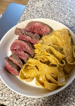 A picture of Cajun Tagliatelle with Pan-Seared Steak.