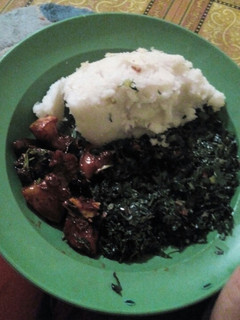 A picture of Ugali skuma with soy honey pork.