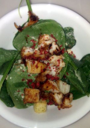 A picture of lightly bbq'ed chicken and spinich salad.