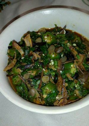 A picture of Okro, anara and ugba soup.