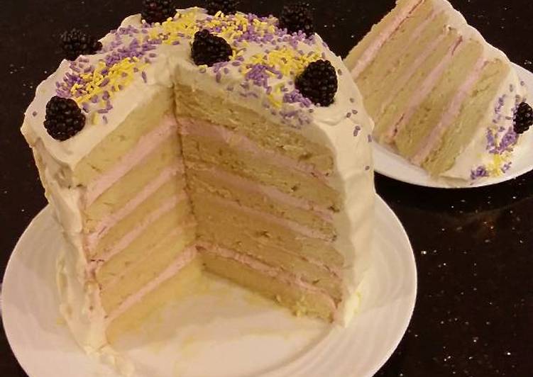 Lemon Layer Cake with Blackberrie Cream Filling and a Lemon Cream Frosting