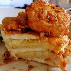 Cheese Toastie with Fried Eggs topped with Salsa Sauce A picture of Cheese Toastie with Fried Eggs topped with Salsa Sauce.