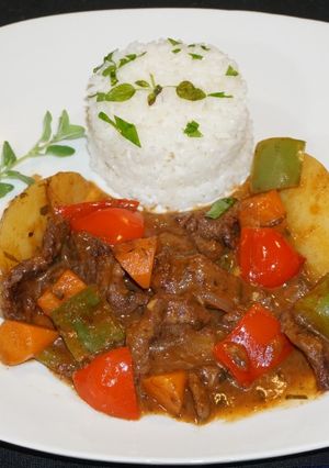 A picture of Beef Stew with Cabernet and Peppers.