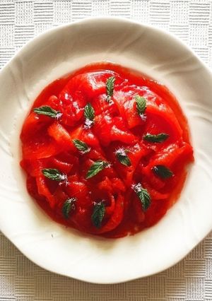 A picture of Sweet and Sour Watermelon Carpaccio.