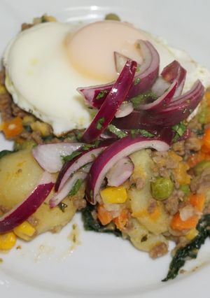 Una foto de Charquicán con carne de vacuno