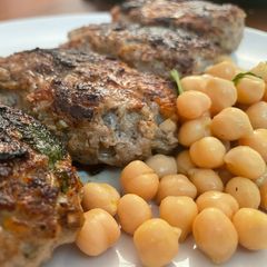 A picture of Kofta-esque Lamb Kebab Burgers with Chickpeas.