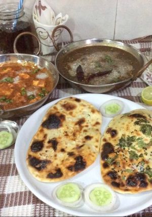A picture of Dal Makhani Restaurant style,Shahi Paneer,butter Naan & garlic Naan.