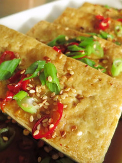 A picture of Korean Style Fried Tofu with Chili Garlic Soy Sauce.