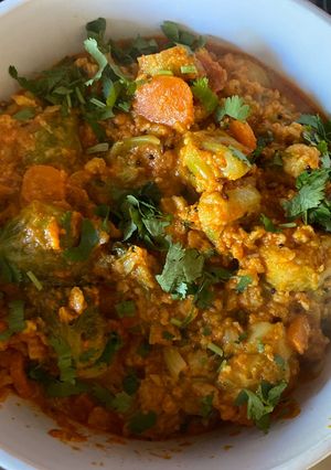 A picture of Cauliflower, carrots and Brussels sprouts curry.