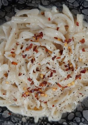 A picture of Home Made Fettuccine Alfredo Pasta.