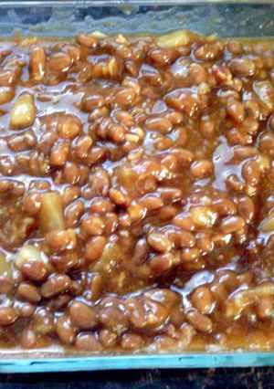 A picture of My Moms Famous Baked Beans.