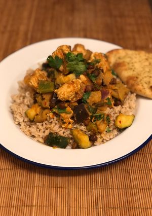 A picture of “Snowed in” chicken and aubergine curry ❄️🌶.