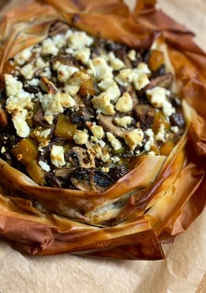 A picture of Mushroom, chestnut and banana squash filo pie.