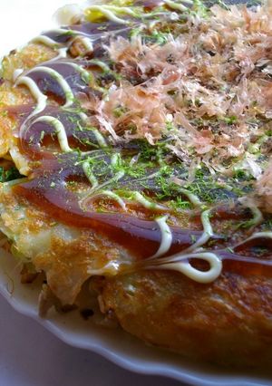 A picture of Hiroshima-Style Okonomiyaki.